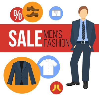 Male fashion clothes sale concept with apparel icons and business man vector illustration