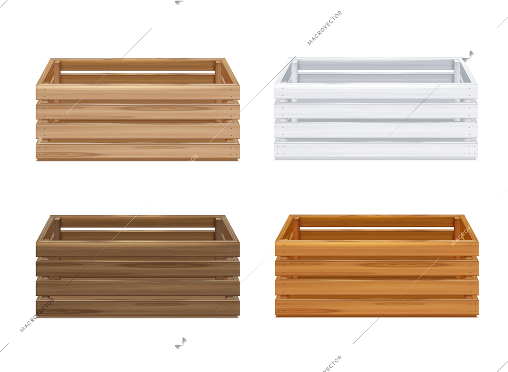 Wooden boxes set with isolated realistic images of open cases of different color on blank background vector illustration