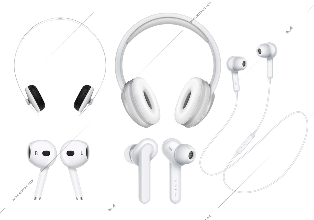 Set with isolated icons of wireless headphones with realistic images of big and small wearable phones vector illustration