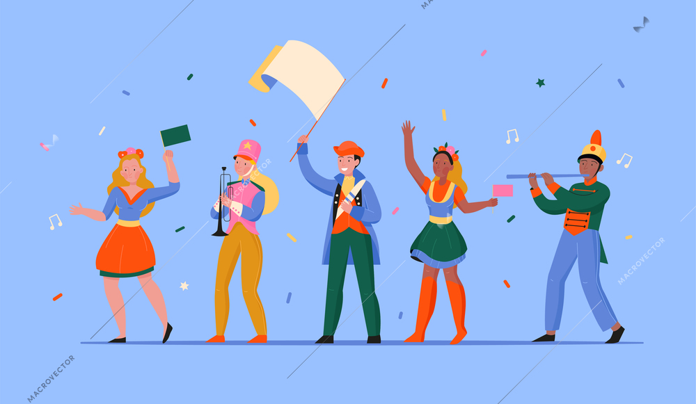 Street orchestra musicians wearing colorful costumes playing musical instruments holding flags on blue background flat vector illustration