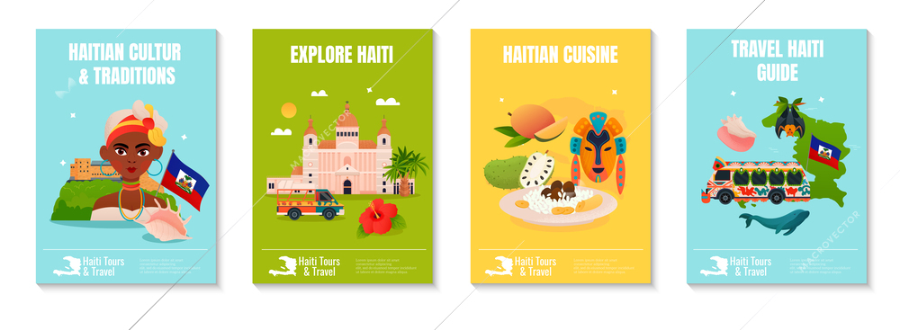 Flat haiti travel guide design concept with haitian people landmarks cuisine nature isolated vector illustration