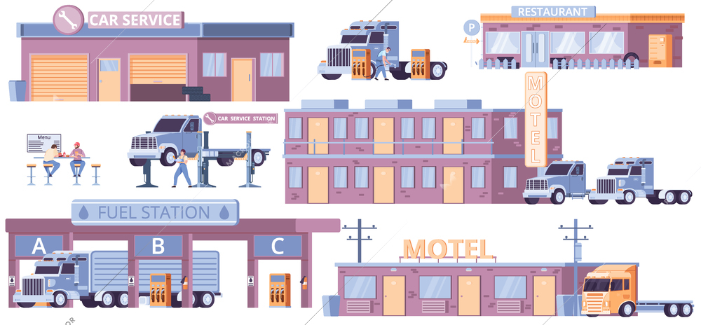 Truck cargo stop set with motel and fuel station symbols flat isolated vector illustration