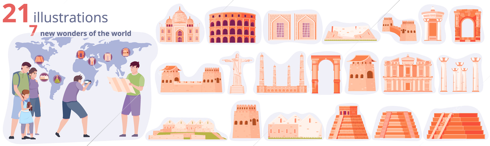 World wonders composition set with tourism symbols flat isolated vector illustration