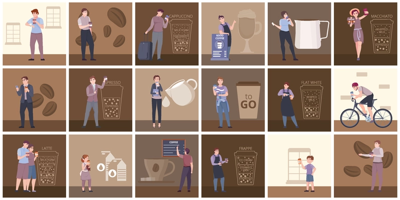 Coffee to go square set with barista symbols flat isolated vector illustration