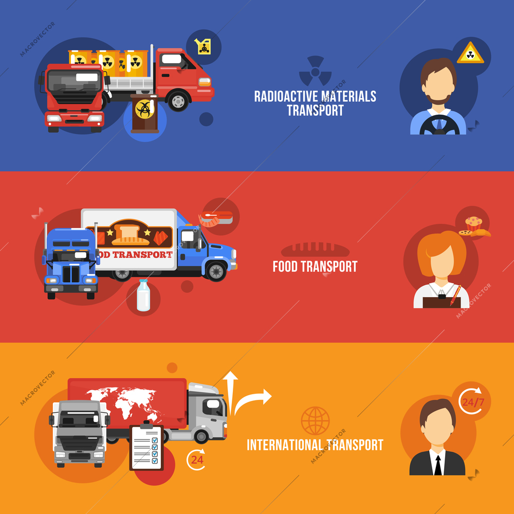 Truck flat banners set with radioactive materials food international transport isolated vector illustration