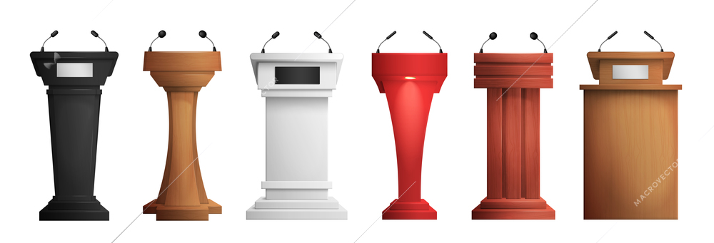 Collection of realistic pedestal tribune and podium with microphones for speech  isolated vector illustration