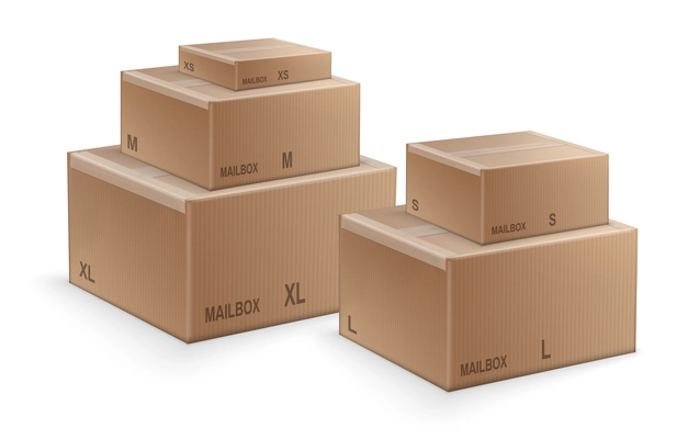 Pack service realistic design concept with cardboard boxes of different size 3d vector illustration