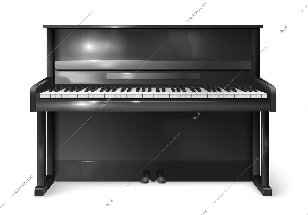 Realistic classical upright black piano with open keyboard isolated on white background vector illustration