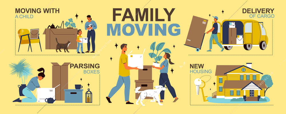 Family moving infographics with keys from new house people providing cargo delivery and parsing boxes flat vector illustration