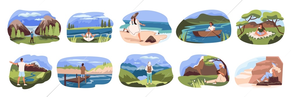 People relax flat compositions set of tourists travelers and backpackers rowing meditating looking at view isolated vector illustration