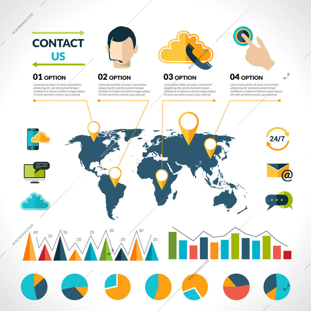 Contact us phone customer service user support call infographics set with charts and world map vector illustration