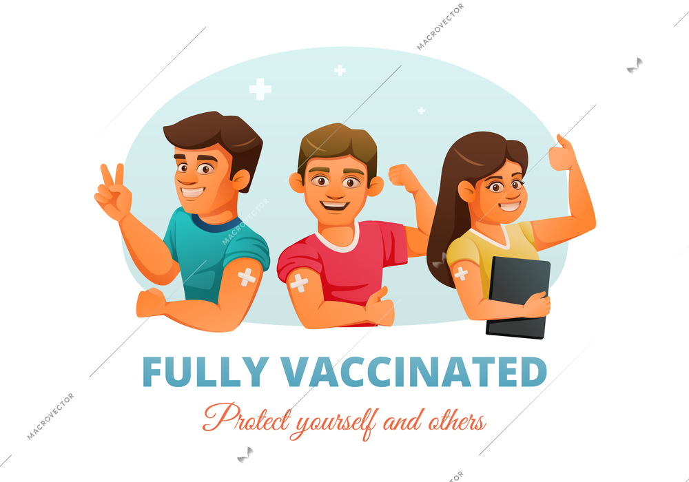 Vaccination herd immunity cartoon poster with cheerful protected vaccinated people and text vector illustration