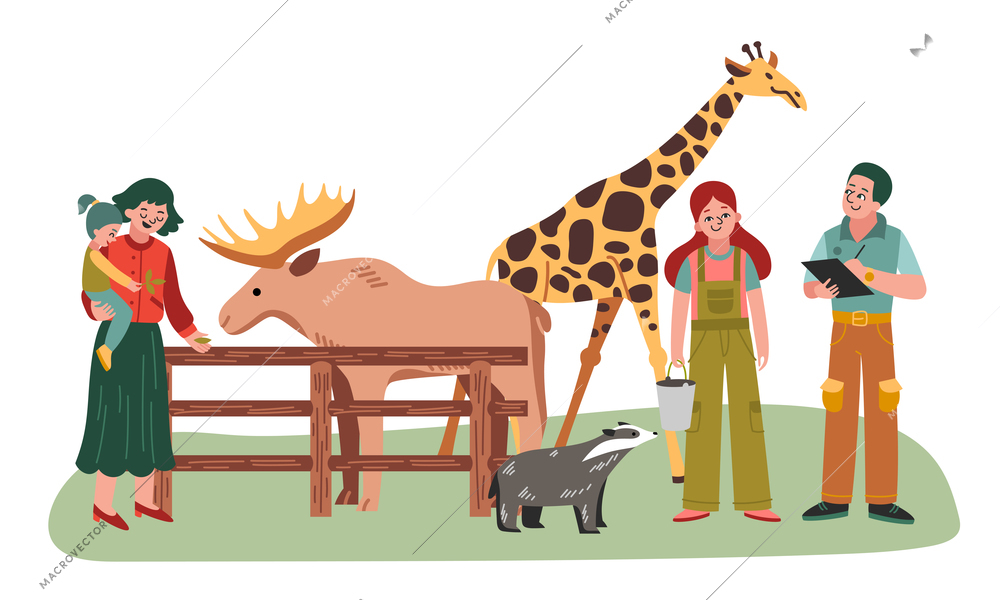 Two zookeepers and happy zoo visitors feeding animals elk giraffe and racoon flat vector illustration