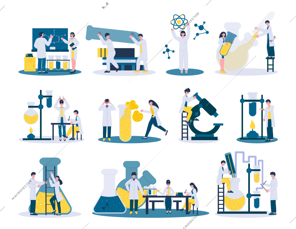 Scientific laboratory set with flat icons characters of scientists at work with pieces of lab equipment vector illustration