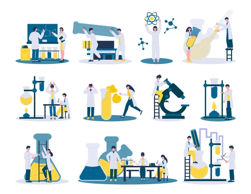 Scientific laboratory set with flat icons characters of scientists at work with pieces of lab equipment vector illustration