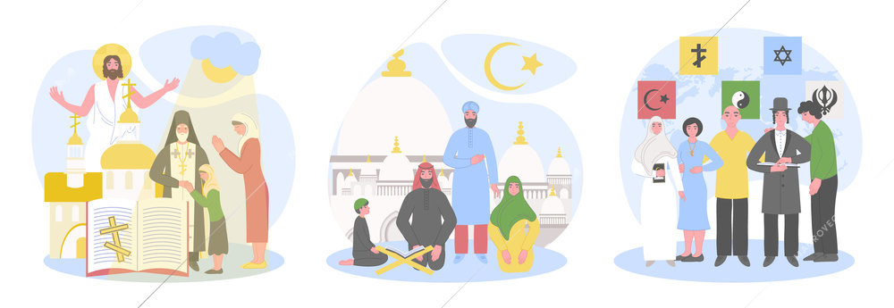 World religions set with three isolated flat compositions with signs human characters of prayers and gods vector illustration