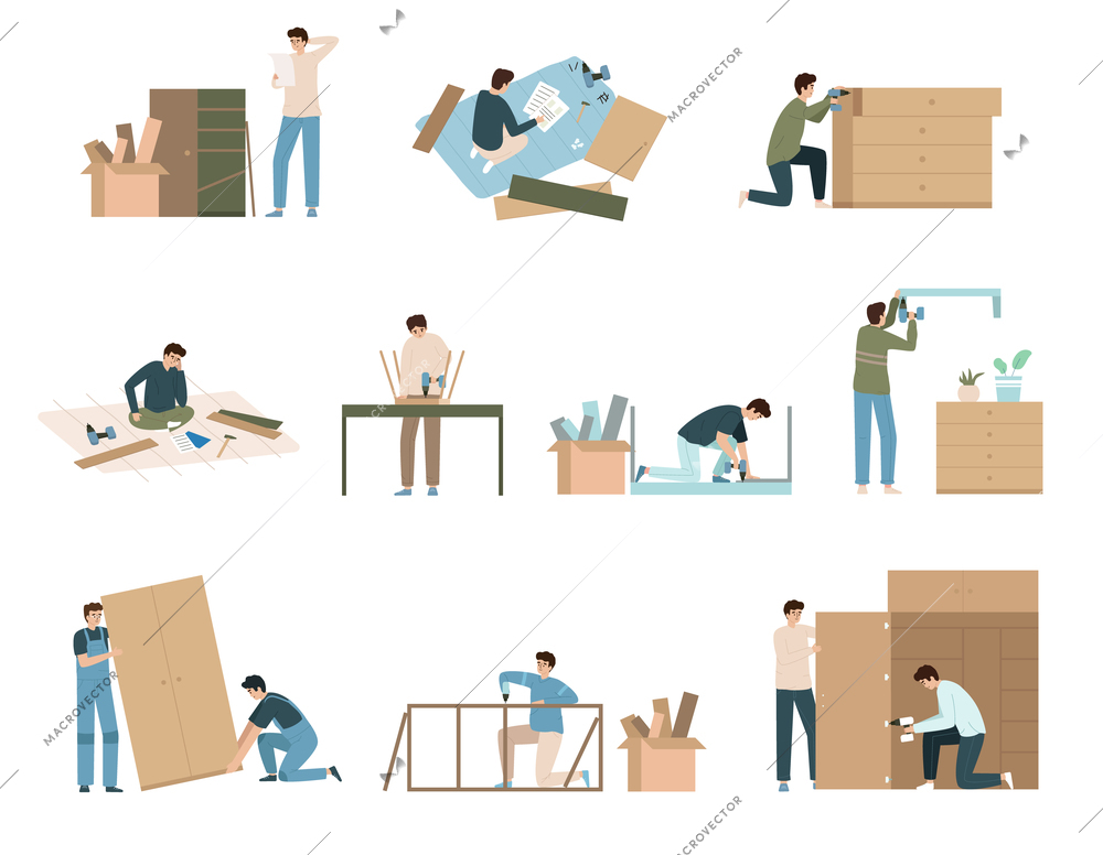 Furniture assembly flat set of isolated icons with characters of working people with rulers and tools vector illustration