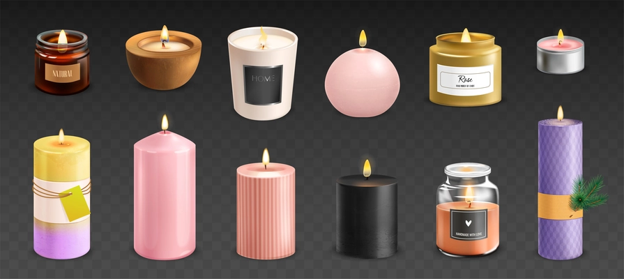 Isolated modern scented wax candles realistic set on transparent background vector illustration