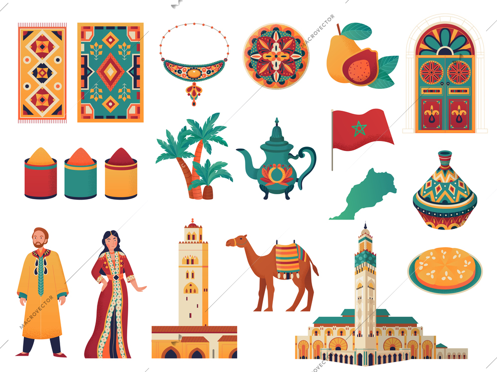 Morocco travel flat set with traditional country symbols cuisine condiments carpets pottery camel people isolated vector illustration