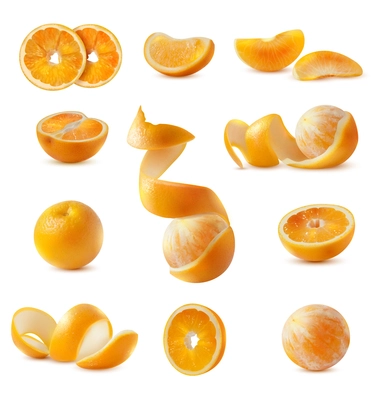 Realistic set of whole sliced and peeled fresh ripe oranges with skin isolated on white background vector illustration