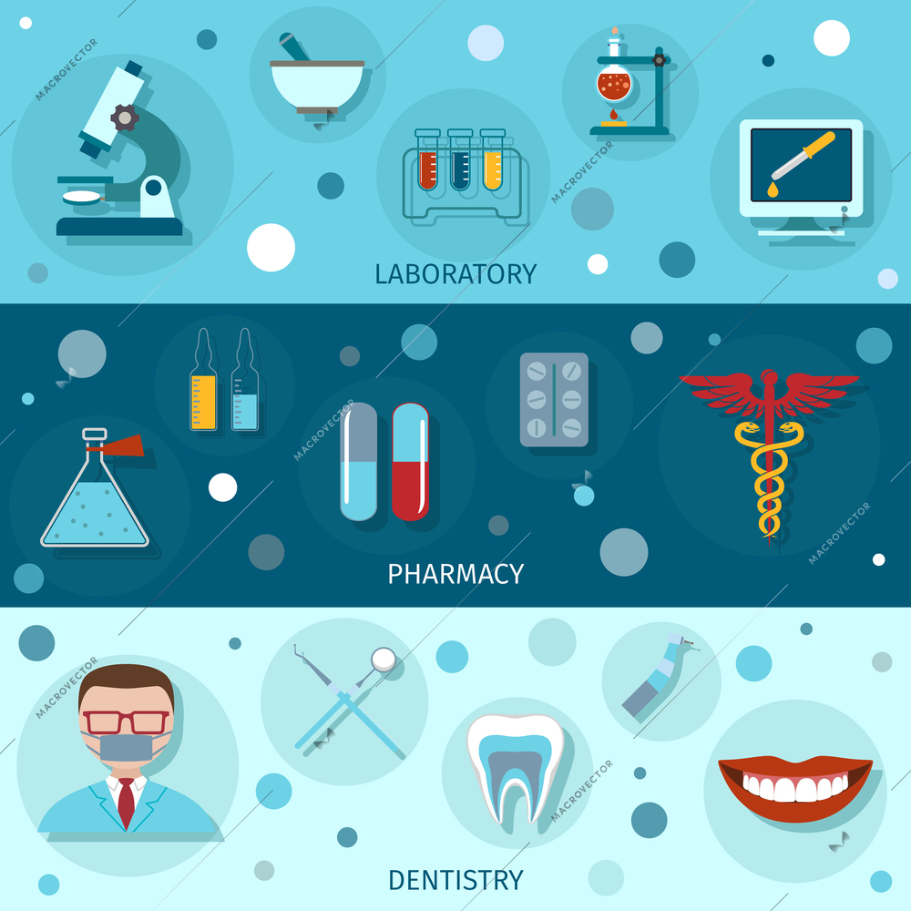 Medical flat banners set with laboratory pharmacy dentistry isolated vector illustration