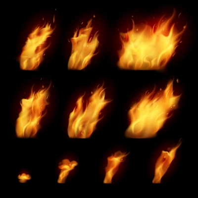 Fire  realistic set of different abstract forms of small and big bright flames on black background isolated vector illustration