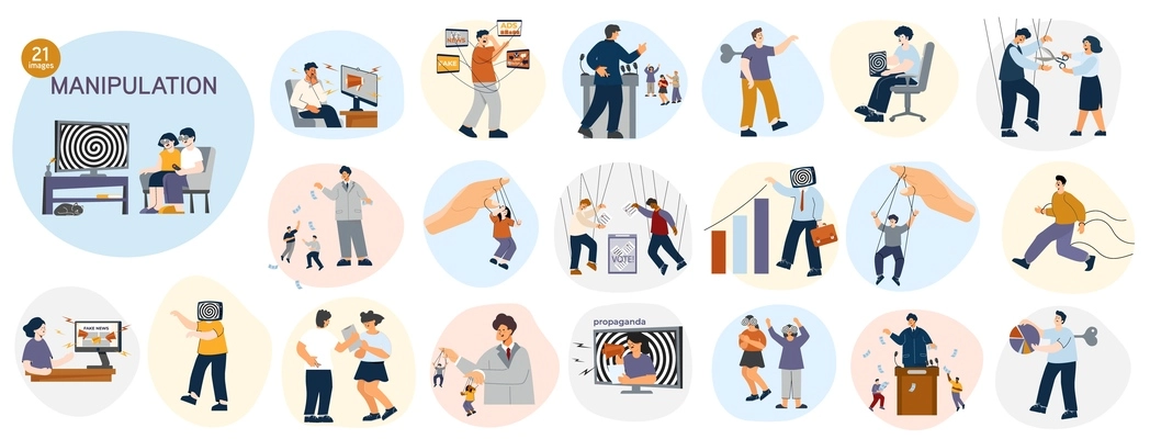 Set of isolated manipulation round conceptual icons with flat compositions of people mentally abusing each other vector illustration