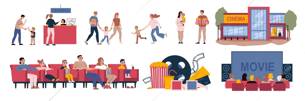 Cinematography flat set with cinema building screen and viewers with popcorn watching movie isolated vector illustration