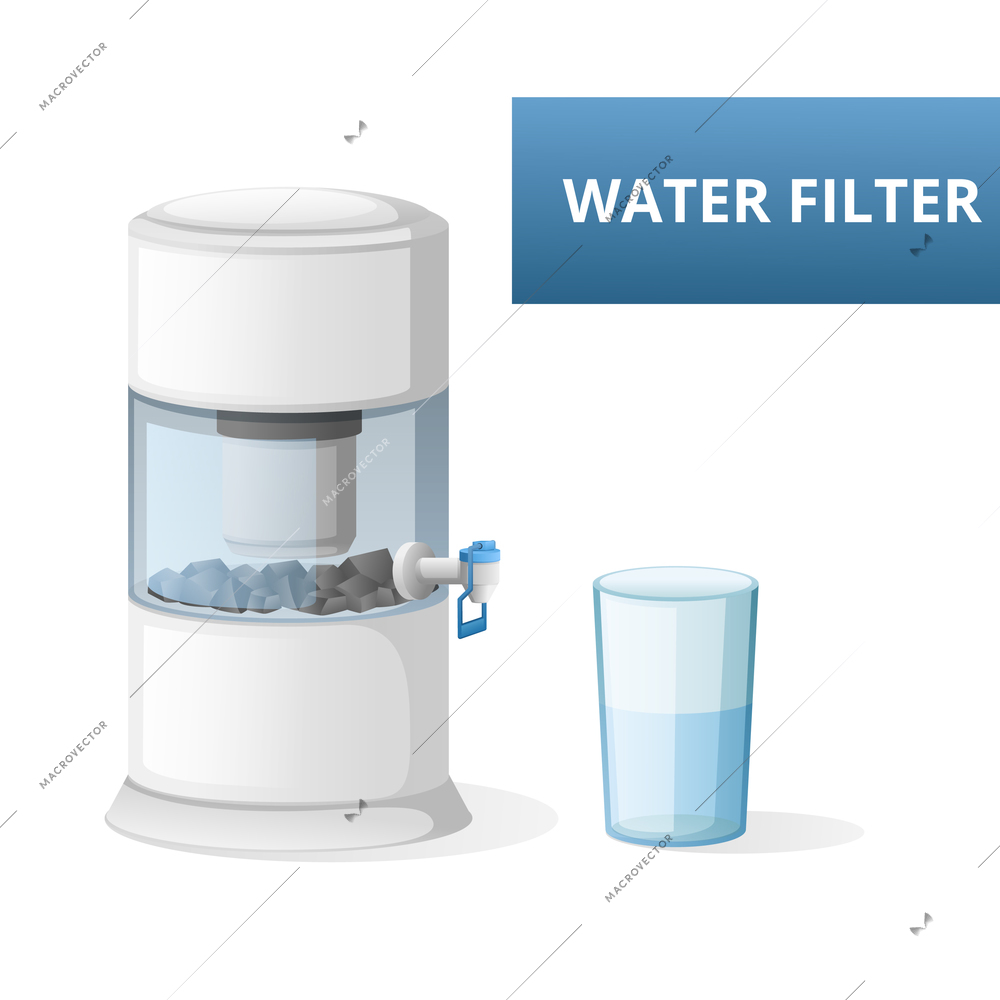 Household mineralized water filter and glass on white background cartoon isolated vector illustration