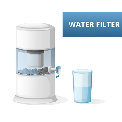 Household mineralized water filter and glass on white background cartoon isolated vector illustration