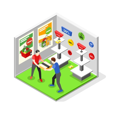 Black friday isometric vector illustration with two man fighting for purchase box in shop with empty shelves