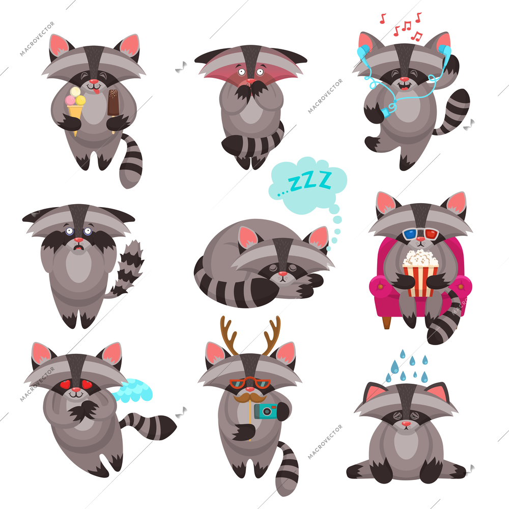 Decorative emotions expression funny raccoon mascot symbols icons  collections of love sadness happiness abstract isolated vector illustration