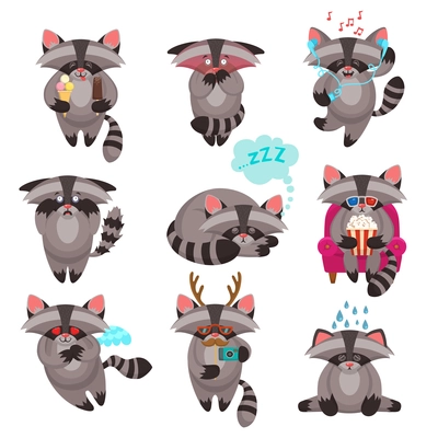 Decorative emotions expression funny raccoon mascot symbols icons  collections of love sadness happiness abstract isolated vector illustration