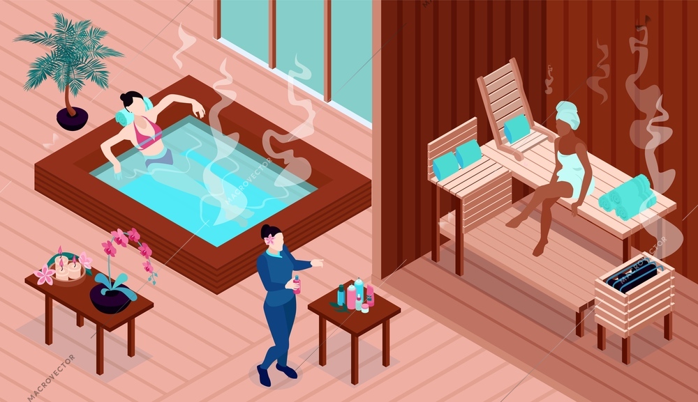 Isometric spa composition with views of recreational salon rooms with pool and steam bath with people vector illustration