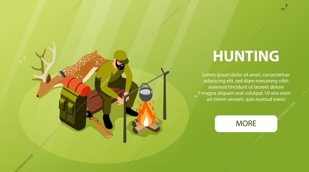 Hunter isometric horizontal banner with deer and equipment and gun vector illustration
