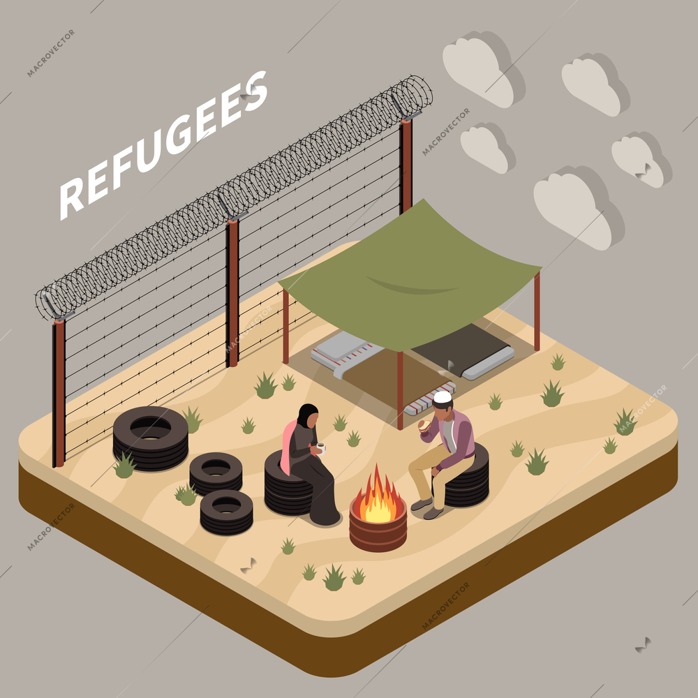 Refugees isometric background with muslim couple sitting on tires around fire near tent vector illustration