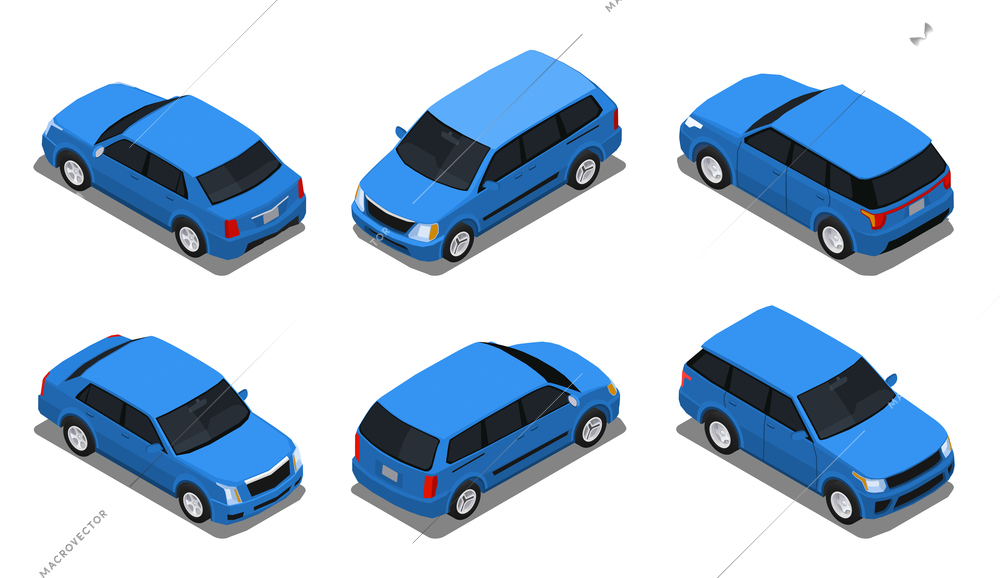 Most common auto accidents car types angle collisions isometric set with sedan saloon hatchback van vector illustration