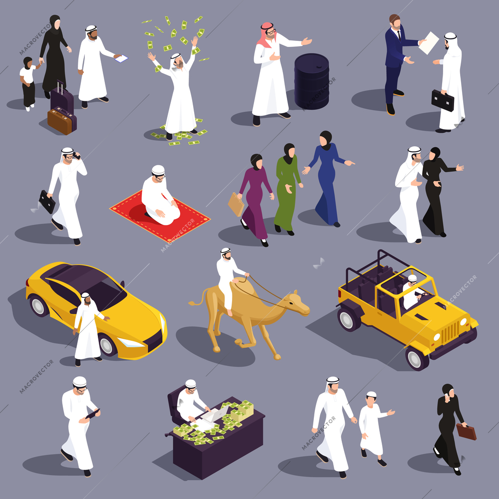 Arab muslims saudi modern isometric people set of isolated wealth icons with characters of rich persons vector illustration