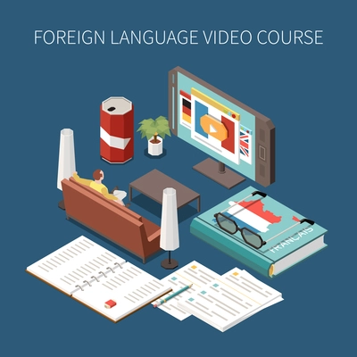 Isometric foreign language video course composition with 3d images of smartphone notebook textbook and human character at home 3d vector illustration