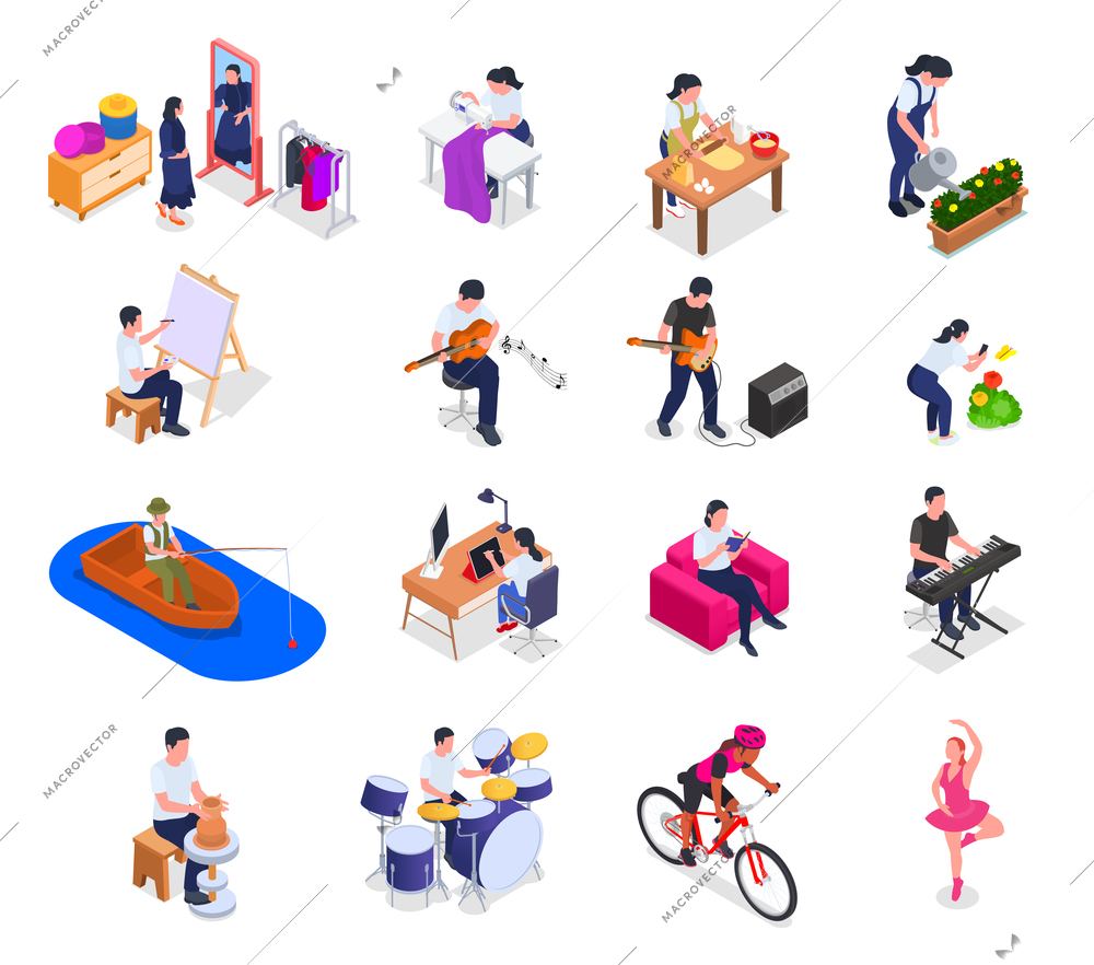 Men and women enjoying their hobbies isometric set with cooking sports playing musical instruments gardening sewing dancing reading isolated 3d vector illustration