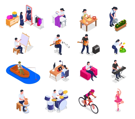 Men and women enjoying their hobbies isometric set with cooking sports playing musical instruments gardening sewing dancing reading isolated 3d vector illustration