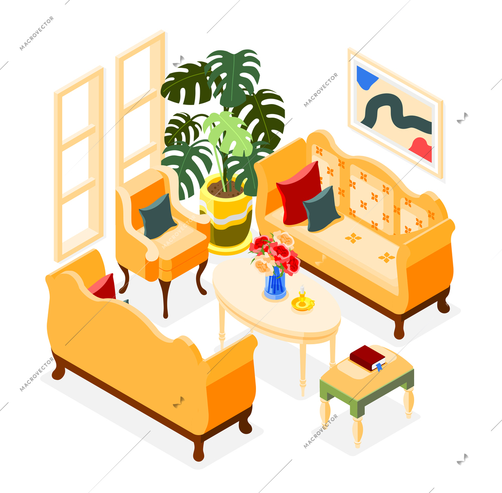 Antique interior isometric background with composition of drawing room medieval style furniture with sofas and table vector illustration