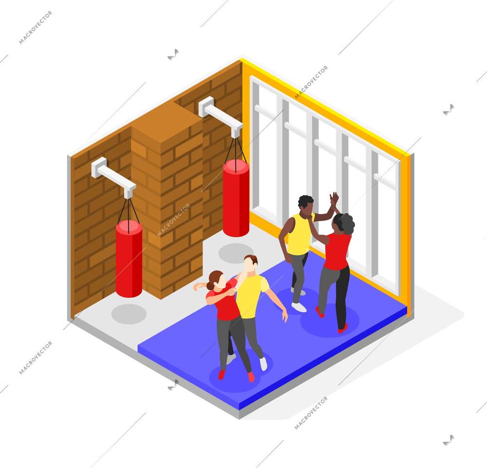 Self defense isometric composition of gymnastic hall scenery with hanging punch bags and women fighting men vector illustration