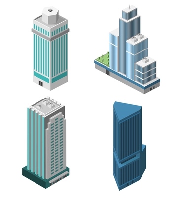 Skyscrapers 3d isometric office buildings business apartment set isolated vector illustration