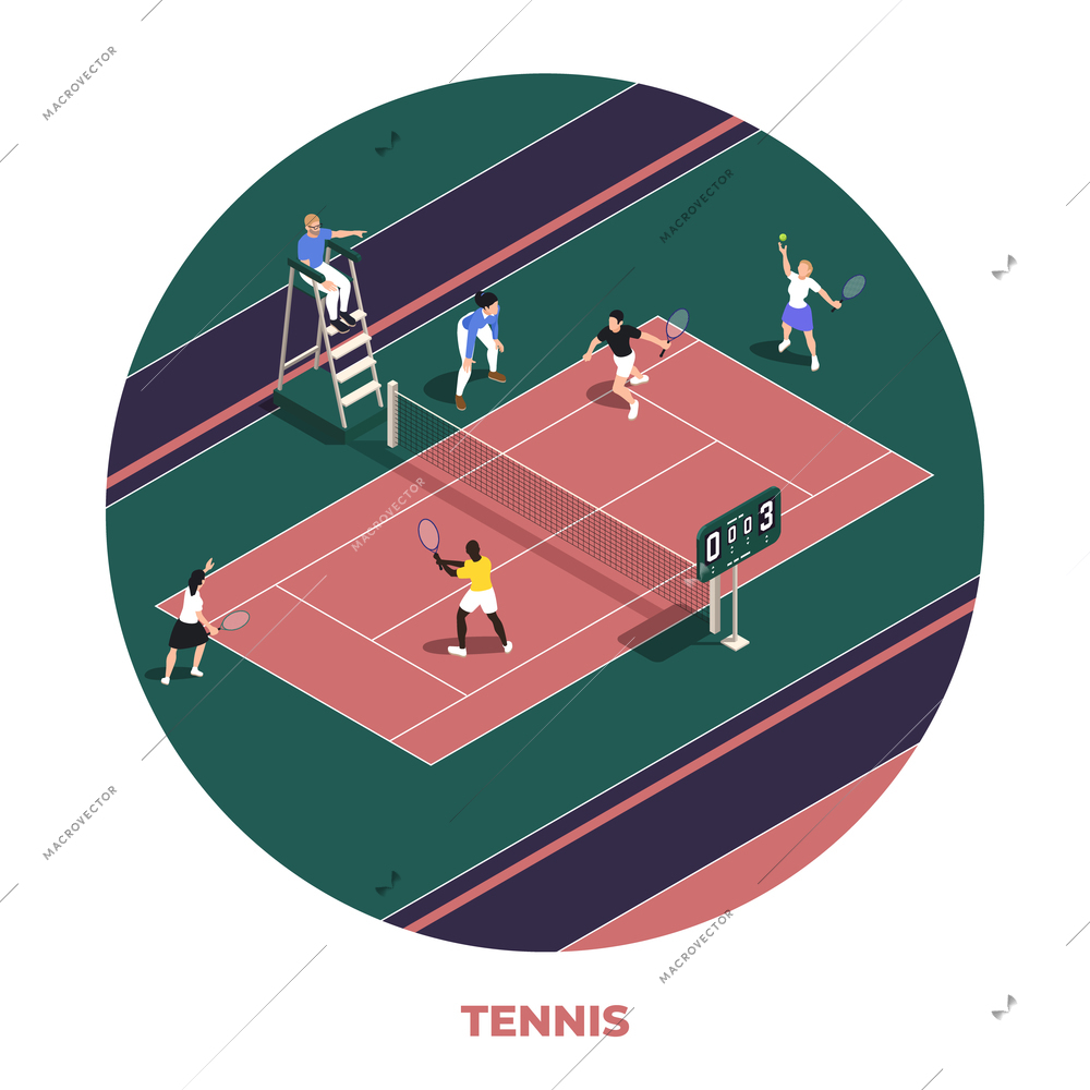 Round tennis isometric composition four people play on one court and the referee sits on a chair vector illustration