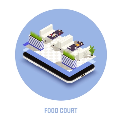 Food court colored isometric concept 3d visualization of food court on a tablet screen vector illustration