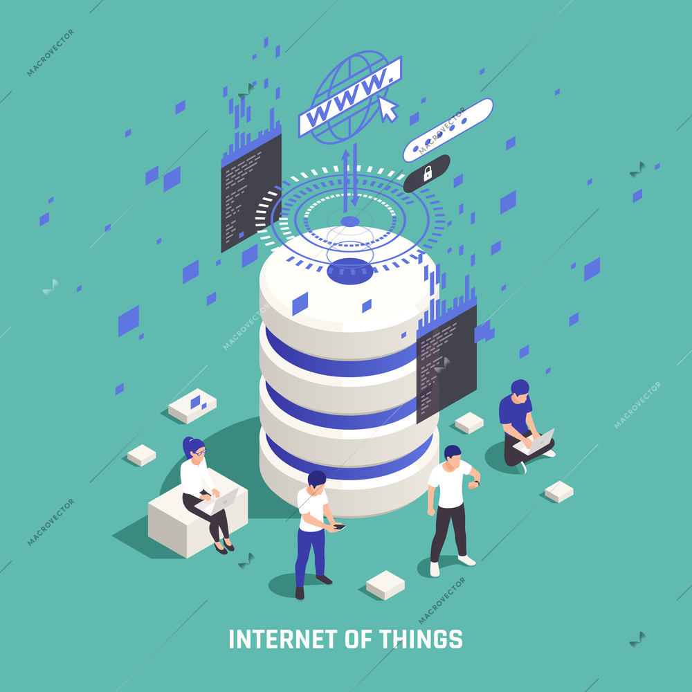 IOT isometric composition with people internet equipment and internet of things description vector illustration