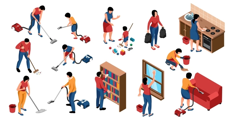 Isometric people cleaning home set with isolated icons characters of family members doing cleanup of apartment vector illustration