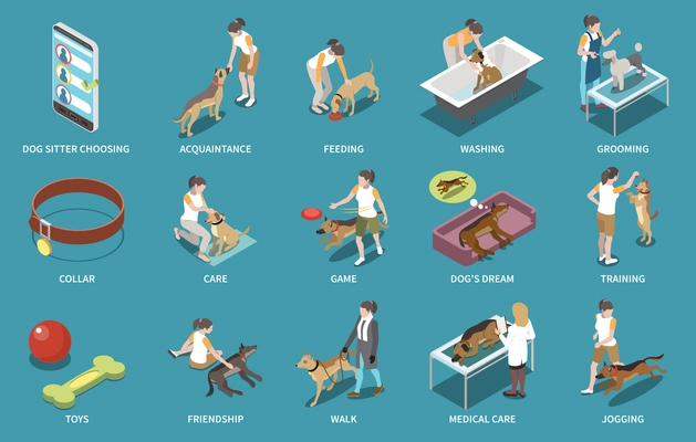 Dog sitter walker isometric set with feeding and washing symbols isolated vector illustration