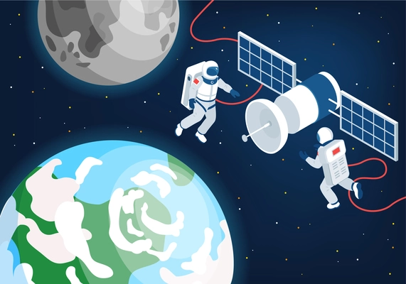 Space exploration isometric background with two astronauts flying in outer cosmos near international station vector illustration